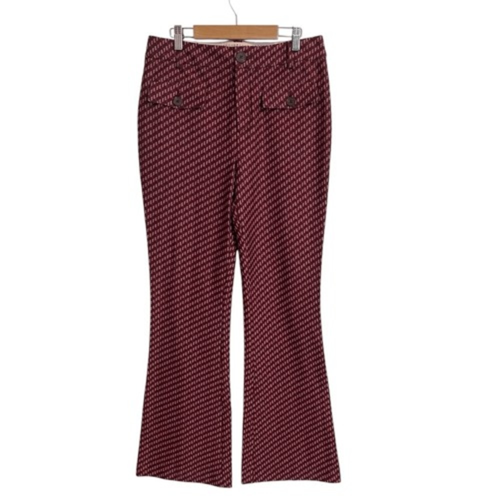 Anthropologie The Essential Flare Pants Burgundy Geometric Diamond Print Size 8